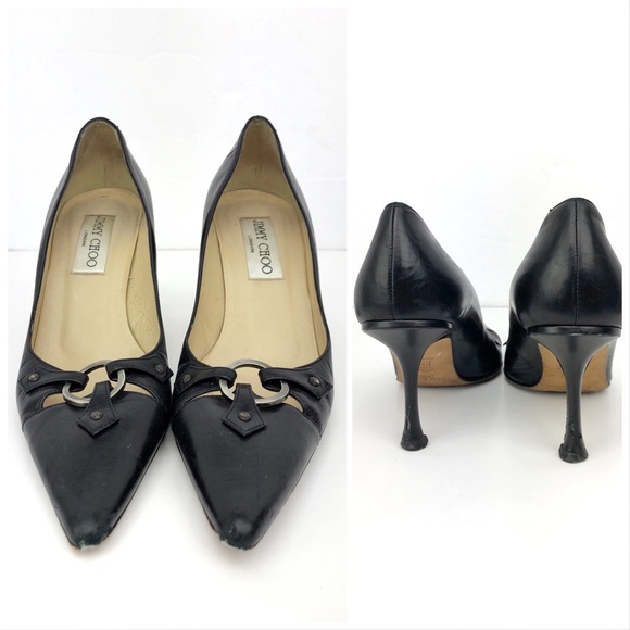 Jimmy Choo Black Smooth Leather Pointy Toe Pumps - Picture 2 of 8